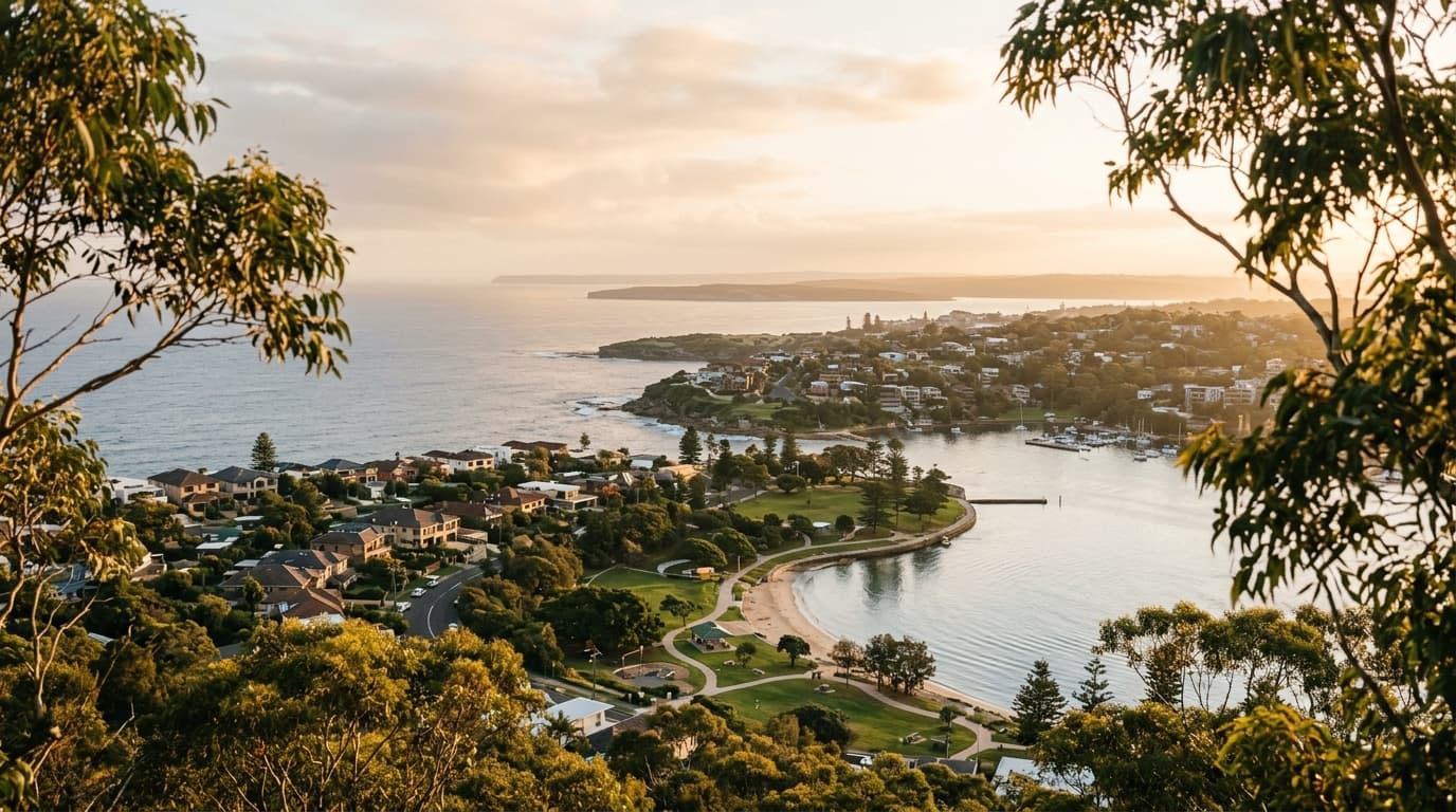 A serene aerial view of suburban Sutherland Shire coastline in soft morning light, with eucalyptus trees in the foregrou