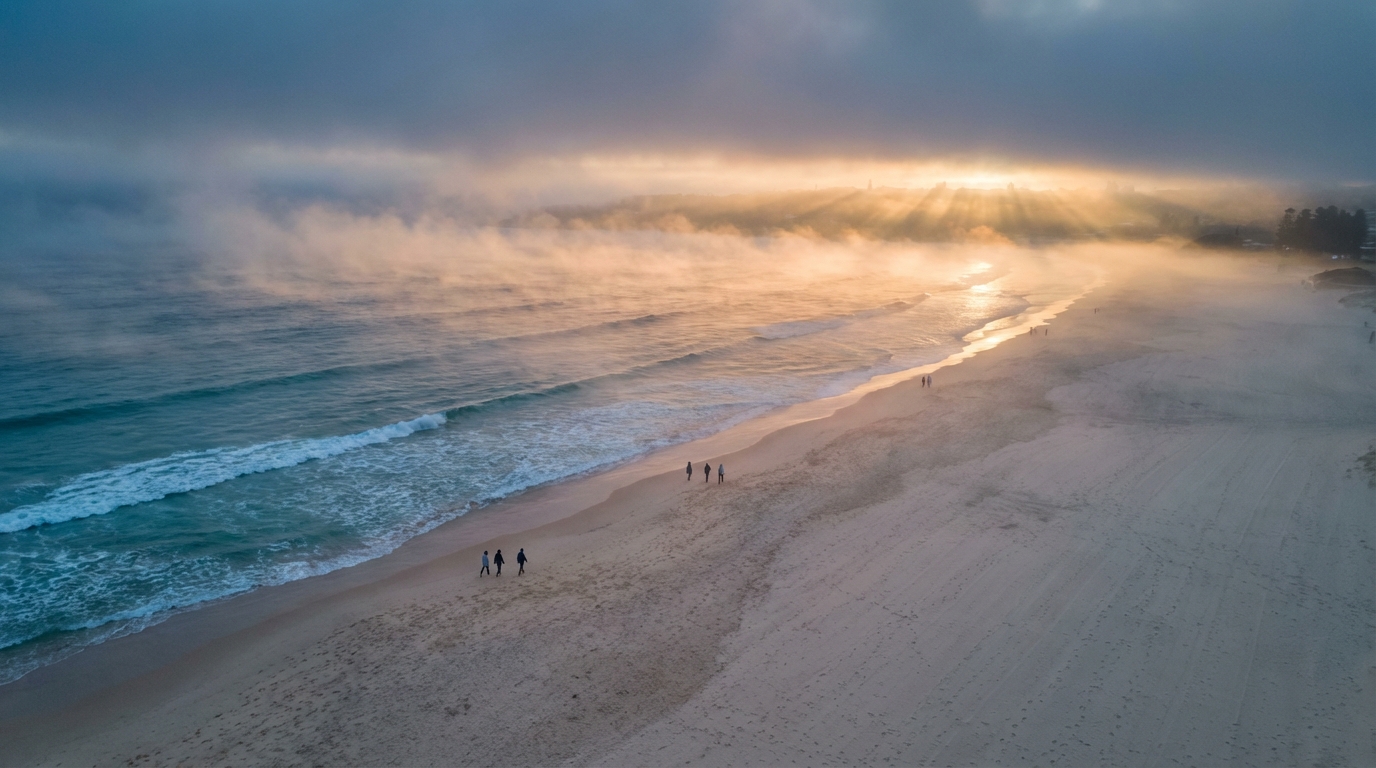 Aerial view of Cronulla Beach on a crisp winter morning with golden sunrise light cutting through low coastal mist